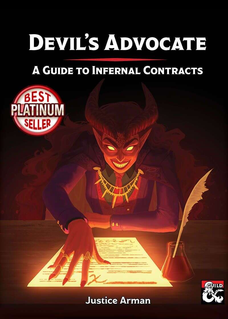 A female devil with frizzy hair pushes a glowing infernal contract across a table.