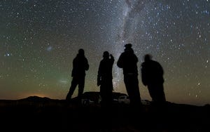 4 silhouettes in front of  starry night sky.