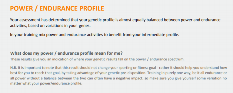 Excerto do relatório de saúde do DNAfit explicando o perfil de poder/endurance