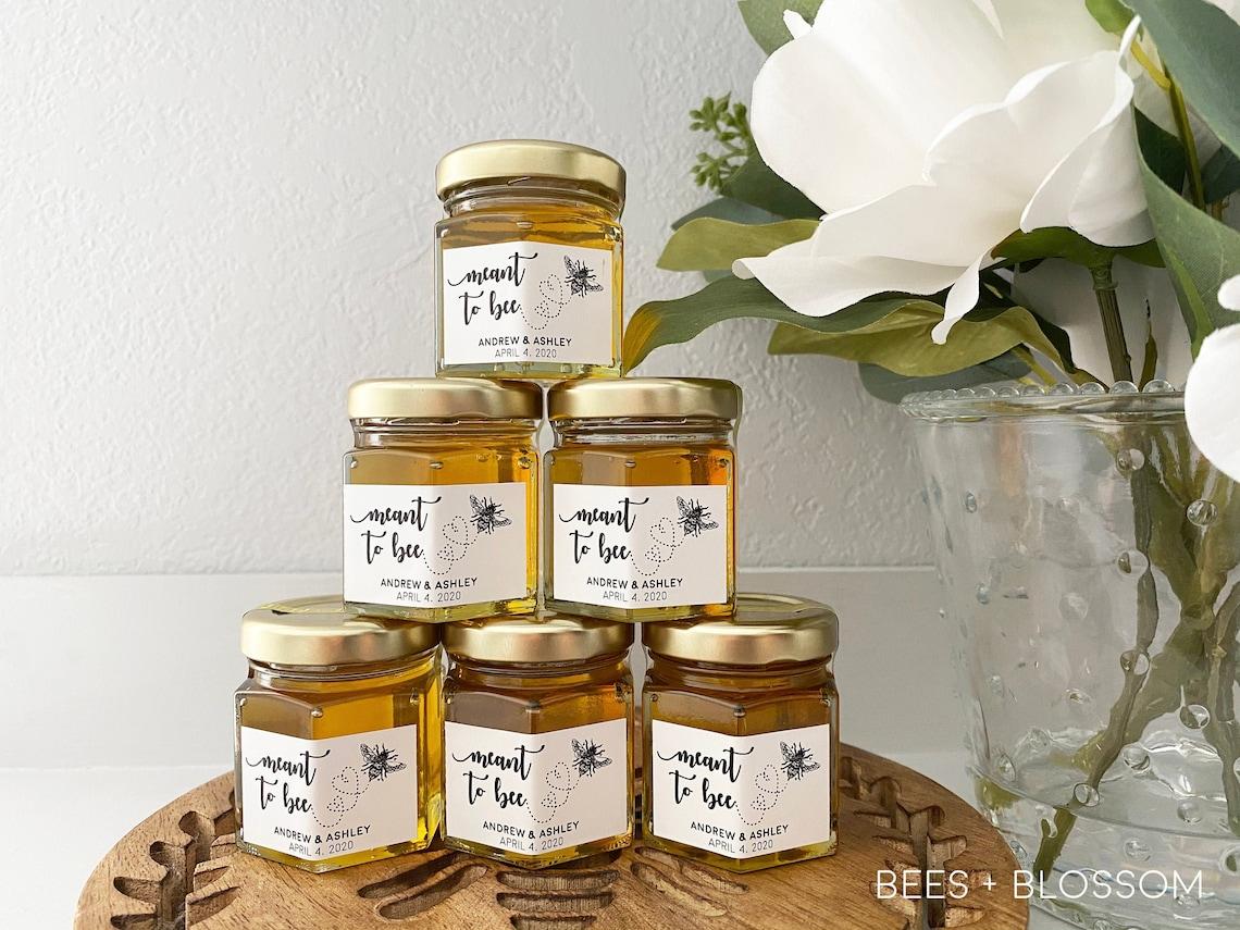 2oz Custom Honey Favors in Gold Hexagon Jars  Wedding Favors