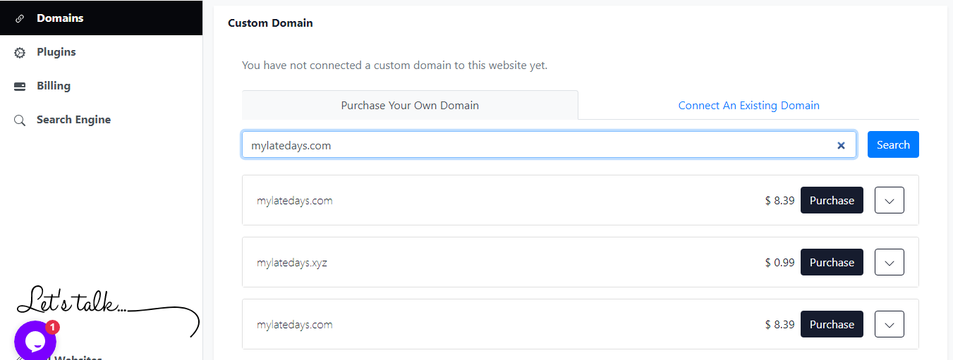 purchasing a domain on Olitt