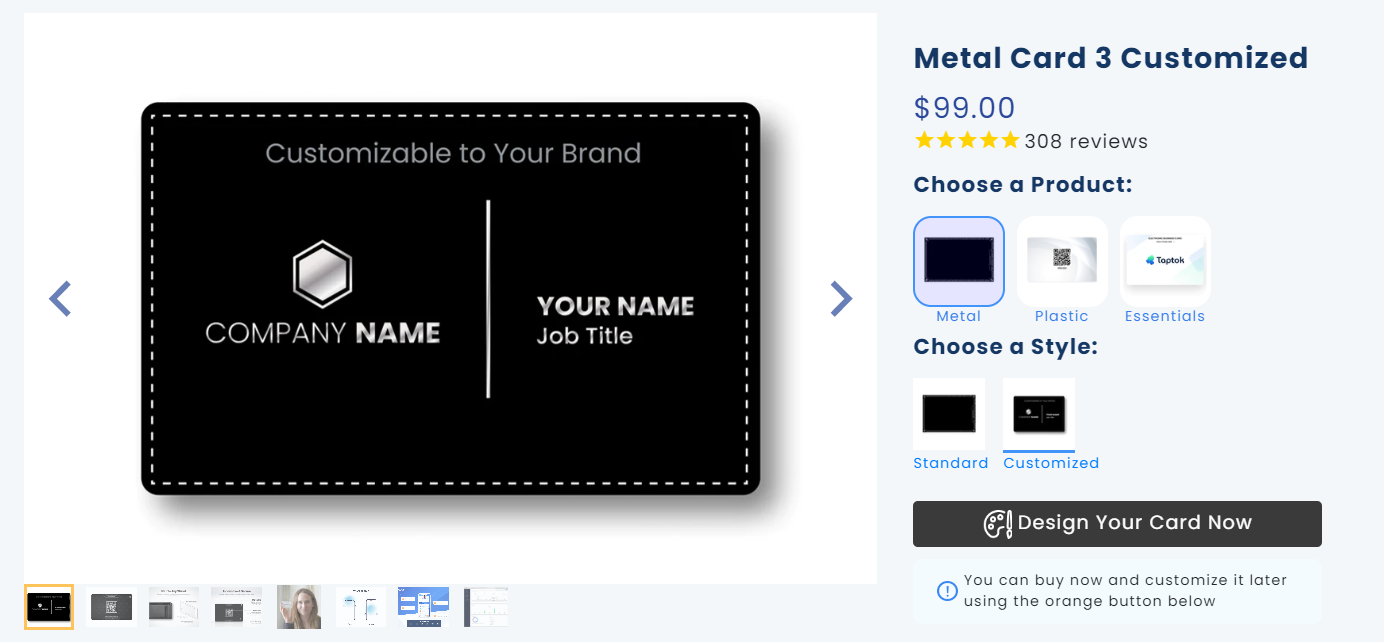 Image of TapTok's customized Metal Card option showing at $99