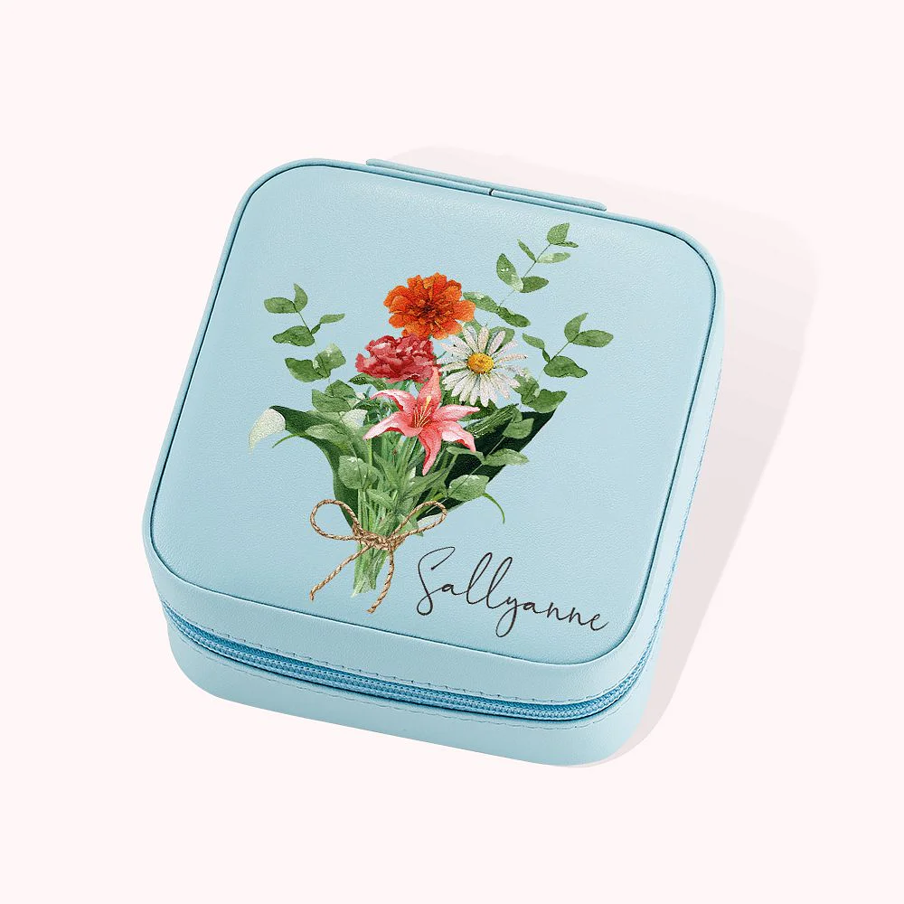 Personalized Leather Name Watercolor Birth Flower Bouquet Jewelry Box for Women Girls