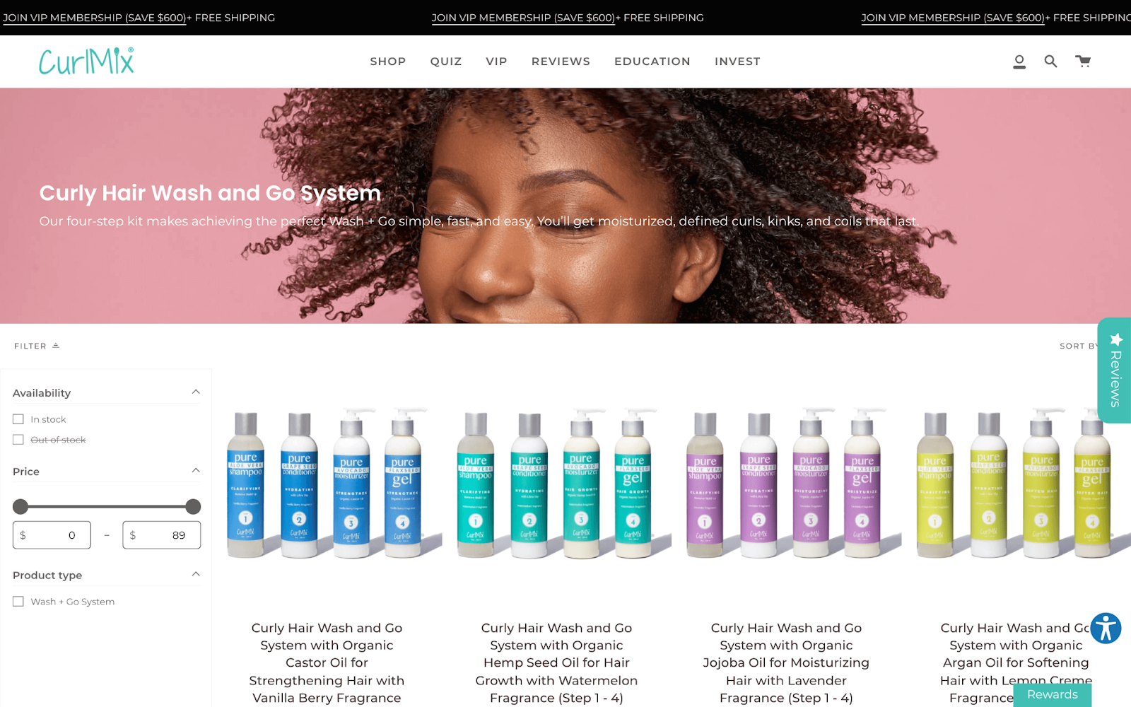 Support Black-owned businesses–A screenshot of Curl Mix’s Curly Hair Wash and Go System product page showing 4 different wash kits. 