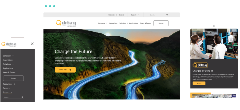 screenshot showing Delta-Q's homepage with a mountain highway, the highway photoshopped to look like a bright blue electric cord with a plug on the end. The page uses yellow on CTA buttons