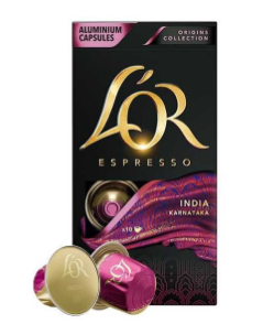 Cápsula de Café Espresso Índia L'or, embalagem preta com detalhes em rosa escuro
