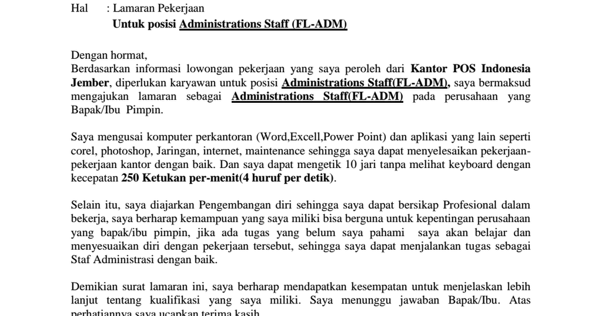 Contoh Surat lamaran Pekerjaan [[carajitumelamarkerja