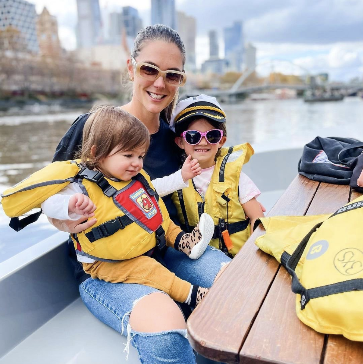 Go Boat on the Yarra river Victoria mom and kids wearing life vests