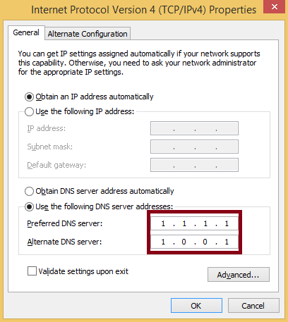 enter 1.1.1.1 & 1.0.0.1 in the Preferred DNS server and Alternate DNS server