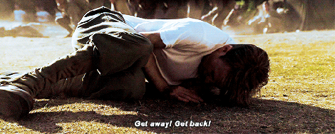 A gif of pre-serum Steve on the grenade telling others to "Go away! Get back!"