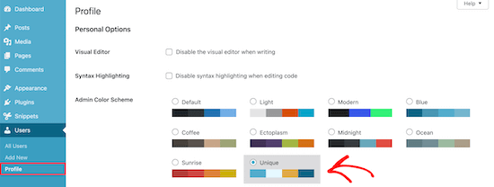Selecione o esquema de cores personalizado