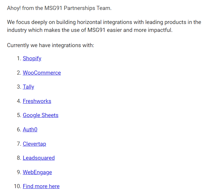 Best Bulk SMS Service Providers | An email from the MSG91 team outlining integration options