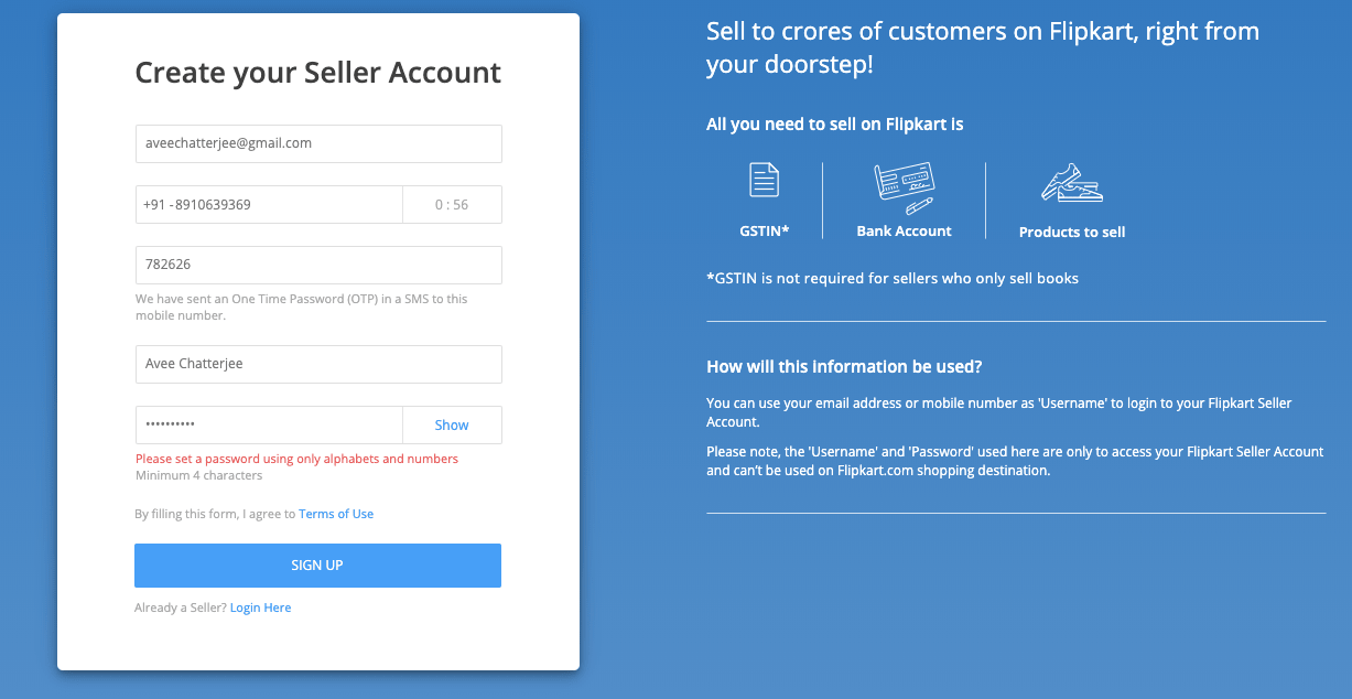 create your flipkart seller account