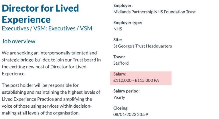 Dr Philip Kiszely on Twitter: "Director for Lived Experience. £110K  starting salary. Rising to 115K with…well…lived experience, I suppose.  You're not allowed to question such drivel, BTW - it's 'our' sacred NHS!
