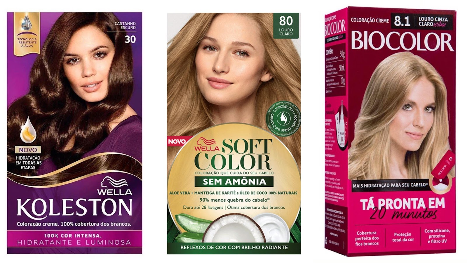 Imagem publicitária de três produtos de tintura para cabelos. As marcas são, respectivamente, Koleston, Soft Color e Biocolor.