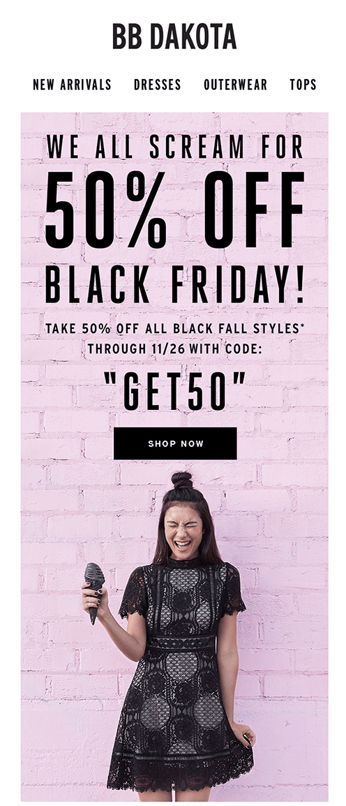 Black Friday sale announcement email from BB Dakota