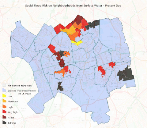 Map of the social flood risk on neighbourhoods from surface water in the borough