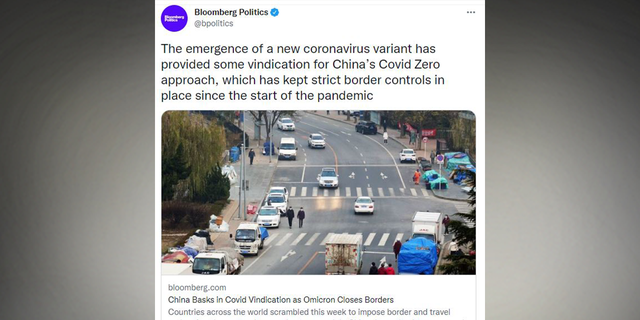 A December 1, 2021 tweet from Bloomberg Politics about China's handling of the COVID pandemic. 
