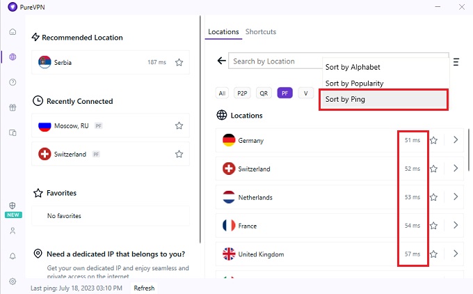 PureVPN server list with port forwarding sorted by ping