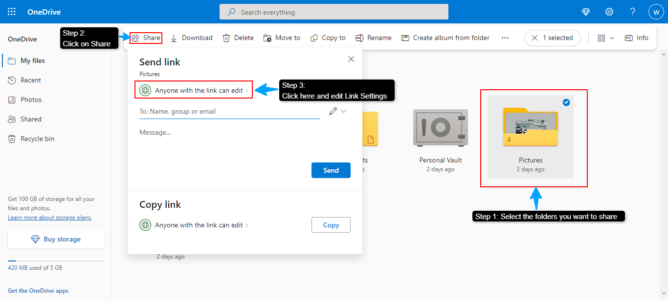 Steps to edit Microsoft OneDrive Link Sharing Settings