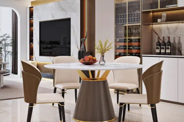 White sintered stone dining table with brown and gold wooden leg