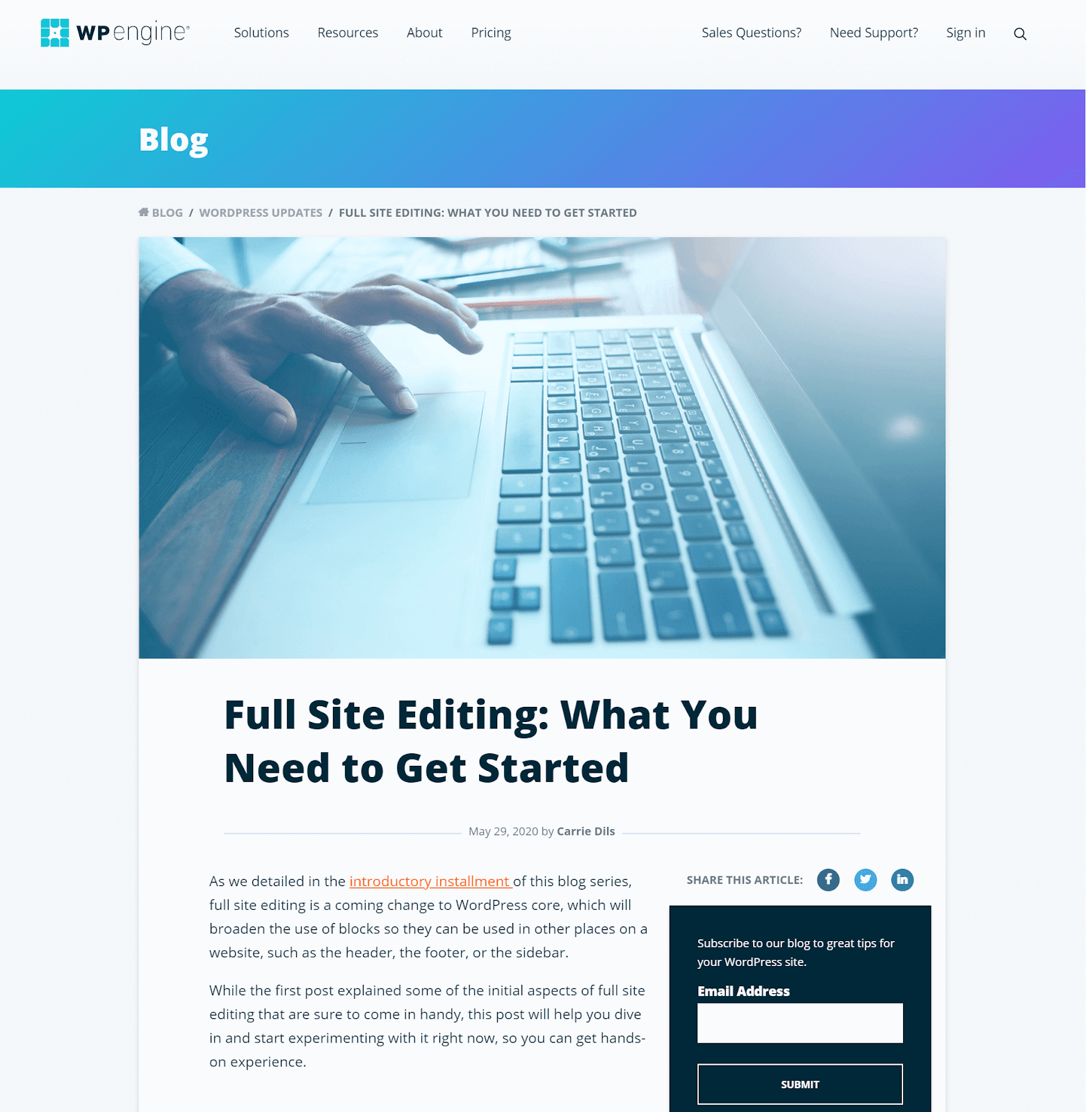 A WP Engine article, titled "Full Site Editing: What You Need to Get Started"