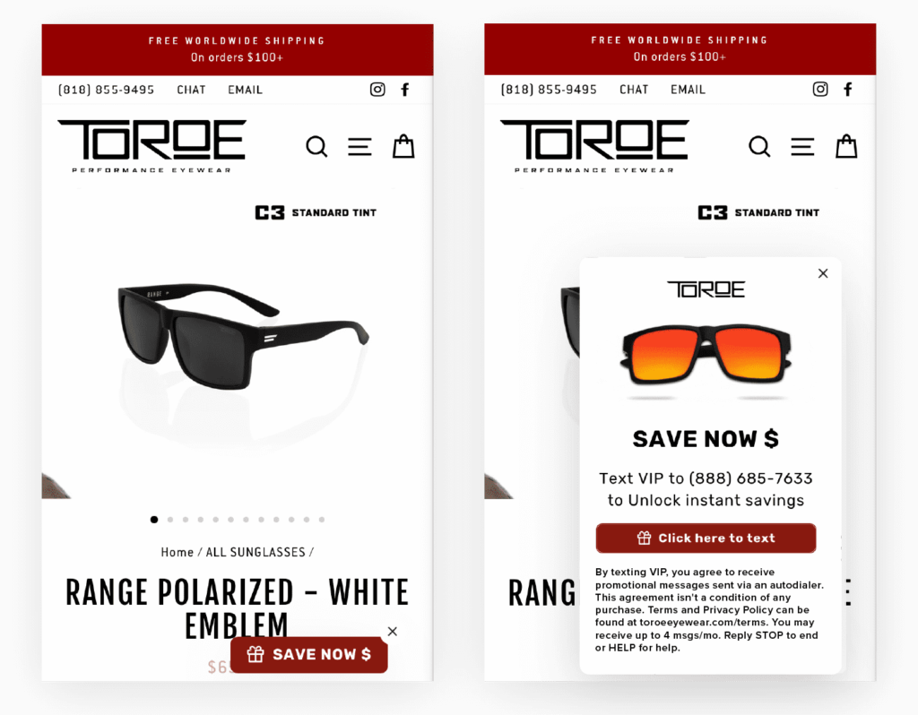 Example of a click to text button from Toroe Eyewear