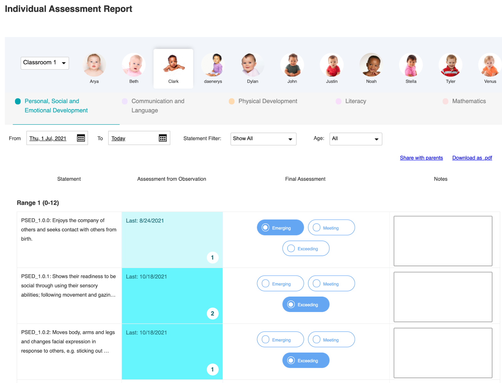 Daily Connect EYFS Individual Assessment Report