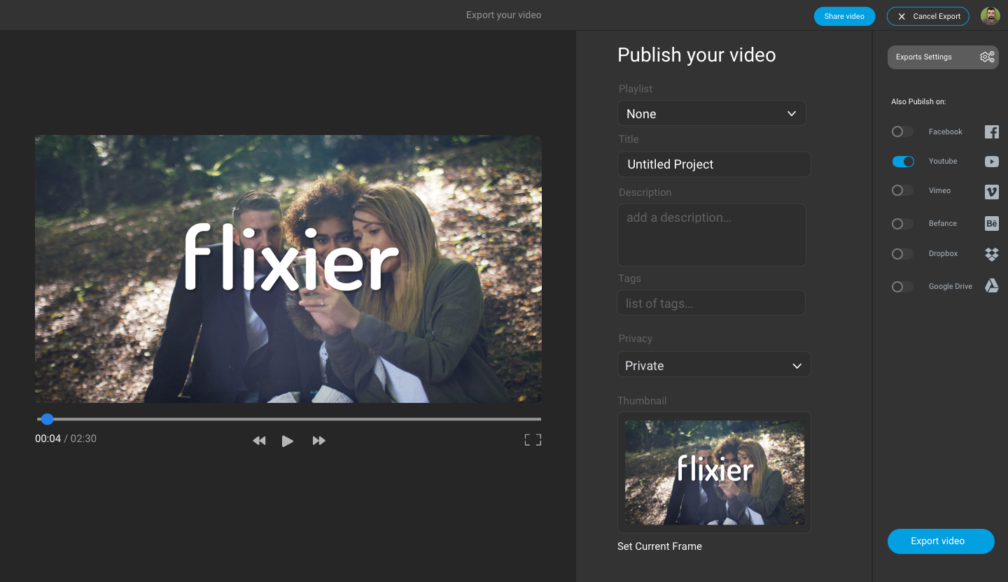 The Flixier exporting menu.