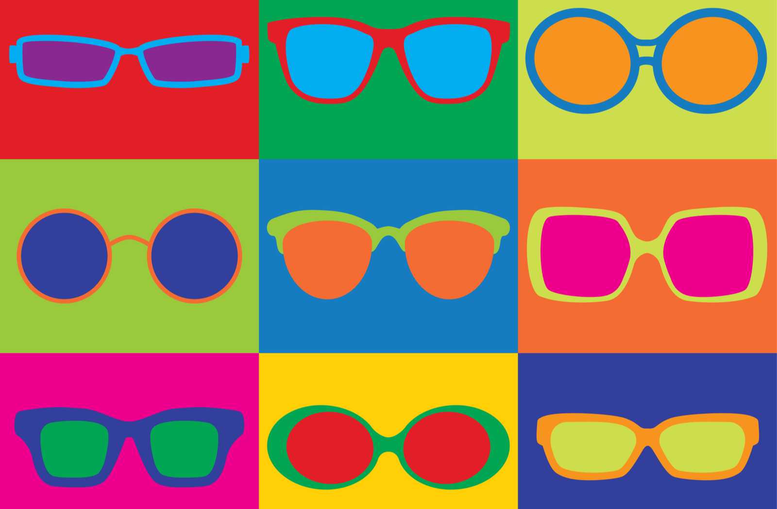 pop art collage of 1950s, 1960s, 1970s, and 1980s retro eyeglass frames in bold and brilliant colours