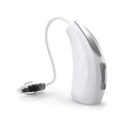 A white hearing aid with a cordDescription automatically generated