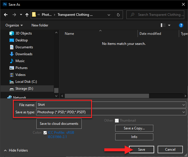 Enter Shirt as the File name, select Photoshop as the type, and click Save