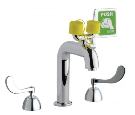 Laboratory faucet with an eyewash fitting attached 