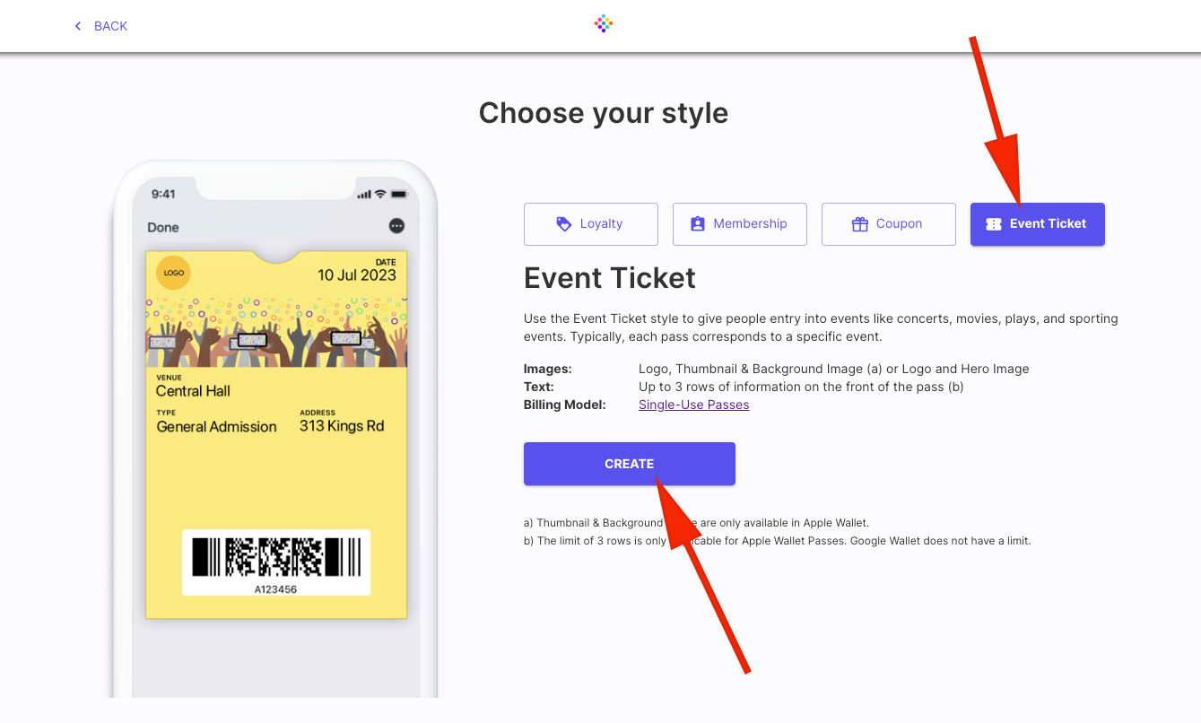 create event ticket