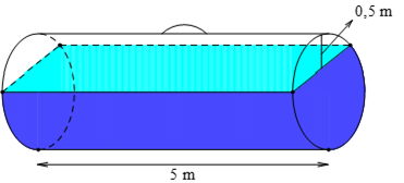 Một bồn hình trụ chứa dầu được đặt nằm ngang, có chiều dài (5,m), bán kính đáy (1,m), với nắp bồn đặt trên mặt nằm ngang của mặt trụ. Người ta rút dầu trong bồn tương ứng với (0,5)m của đường kính đáy. Tính thể tích gần đúng nhất của khối dầu còn lại trong bồn.</p> 1
