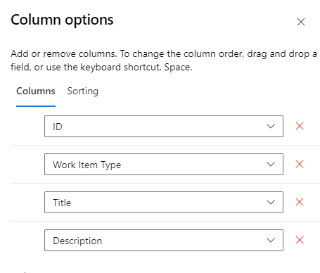 Selecting column options in Azure DevOps