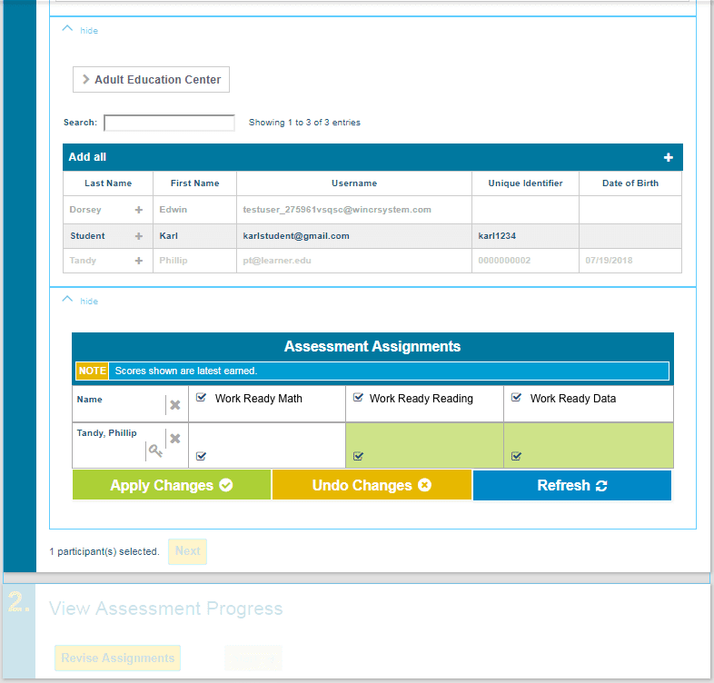 Image of assessment assignments screen