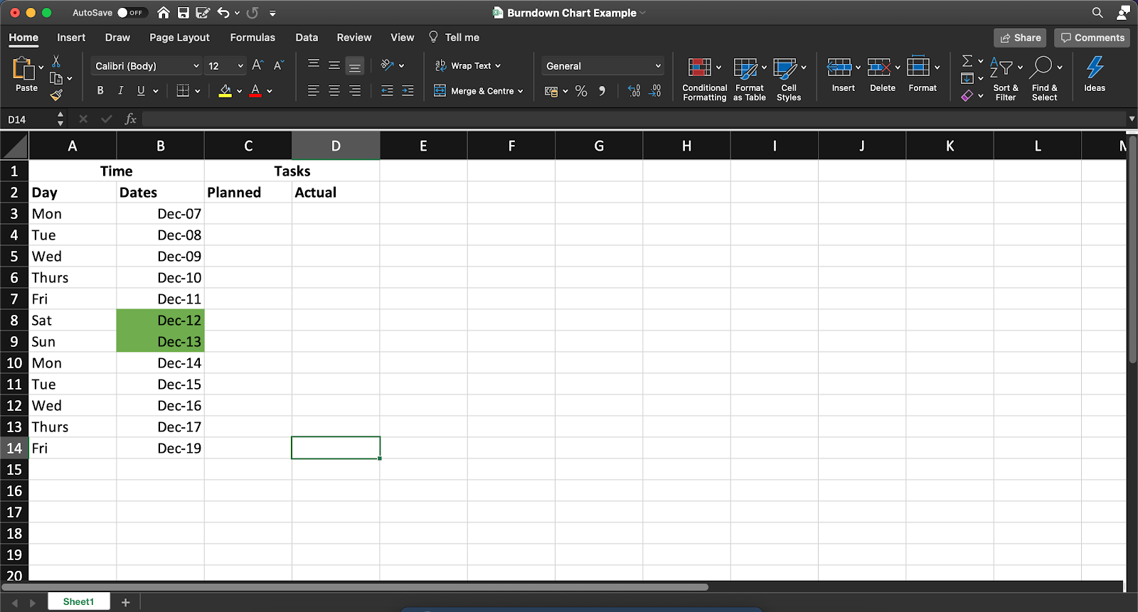 creating a table in excel