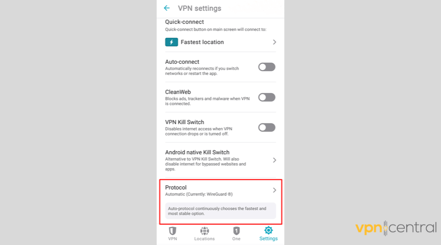 Surfsharks's protocol settings