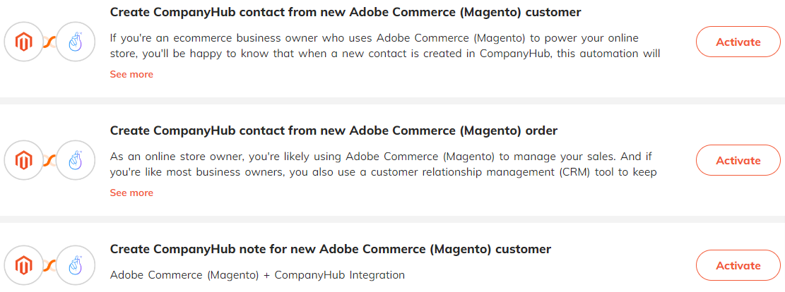 Popular automations for Adobe Commerce (Magento) & CompanyHub integration.