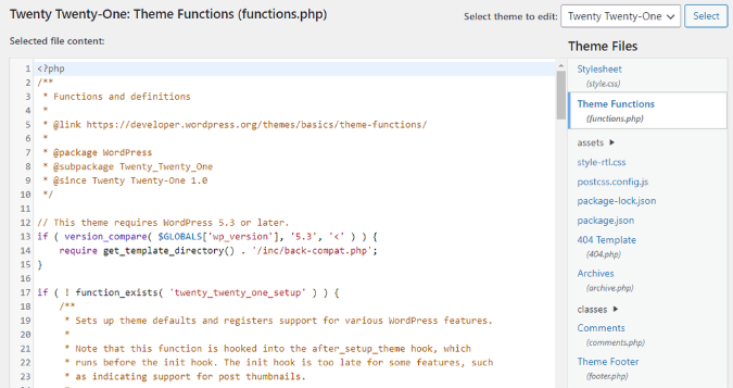 Captura de tela do arquivo functions.php do tema Twenty Twenty-One no WordPress
