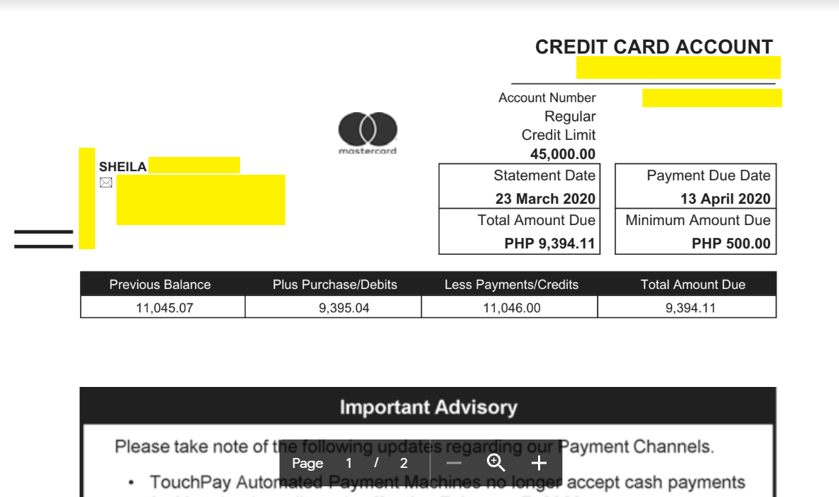 Credit Card Statement of Account