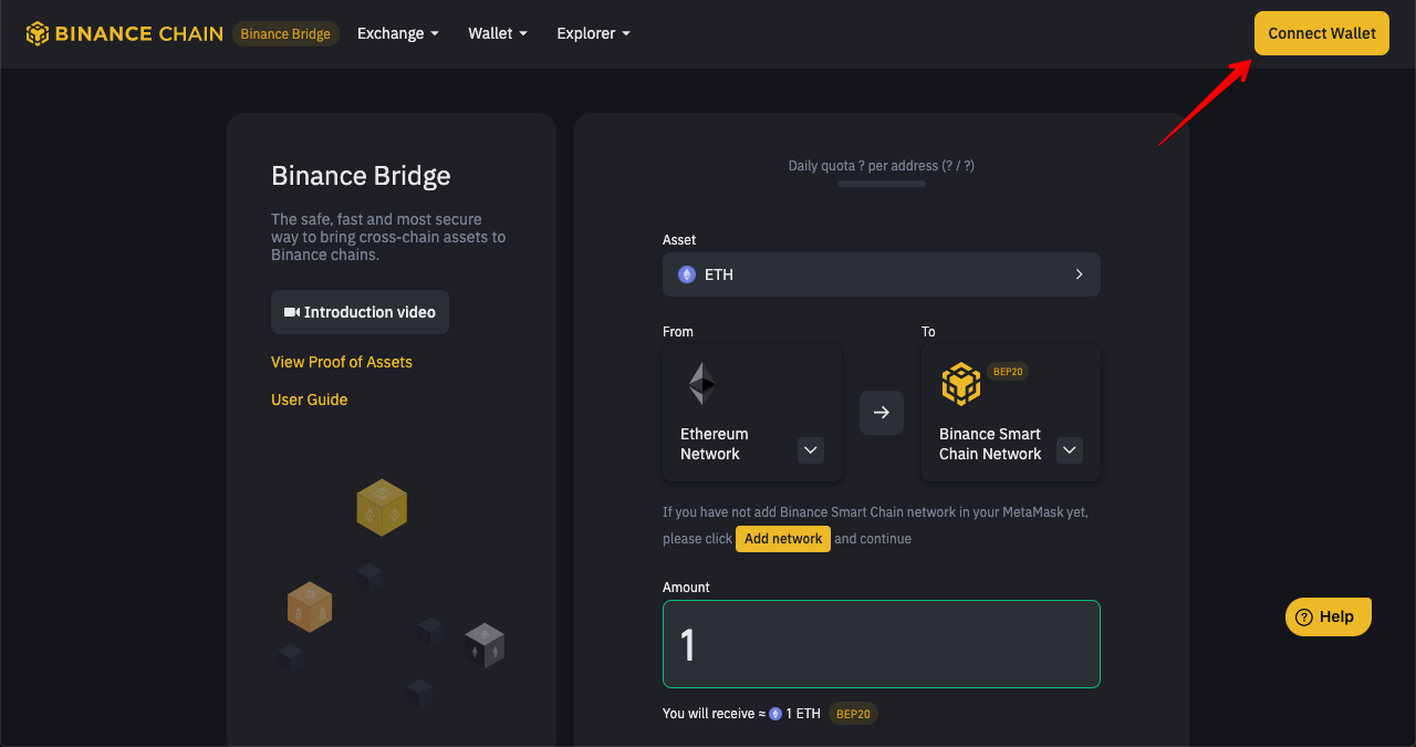 “Connect Wallet” button in Binance Bridge