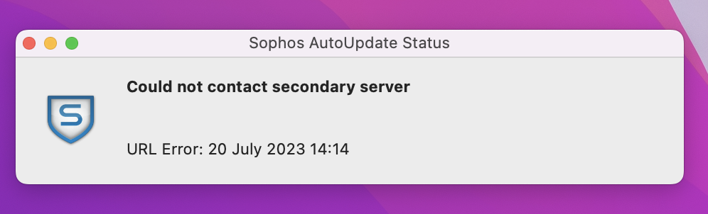 Sophos error message pops up when trying to update the software.