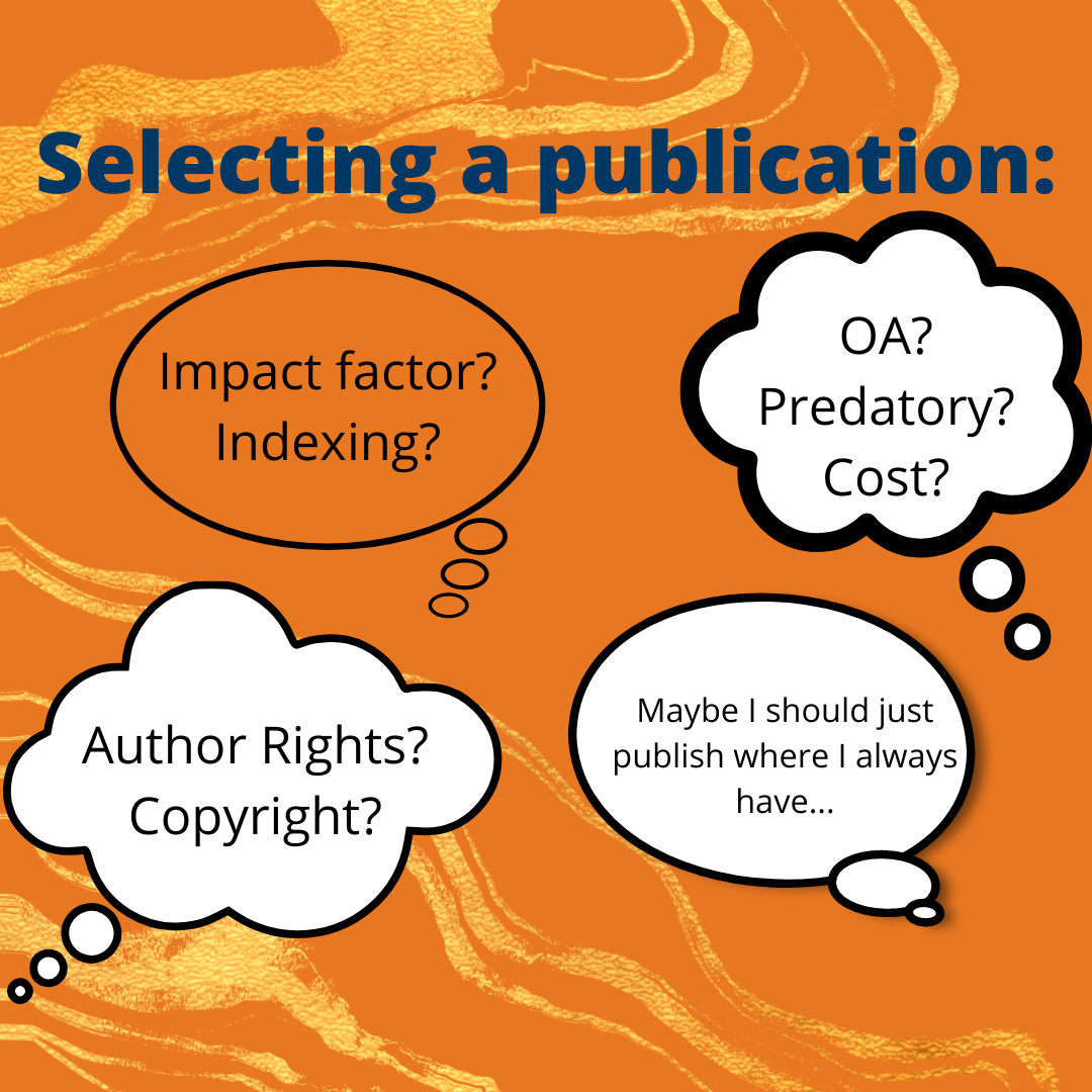  Thought bubbles questioning the things to consider when choosing a publication: impact factor, indexing, OA, predatory publishers, cost, author rights, and copyright. A final thought bubble says “Maybe I should just publish where I always have”