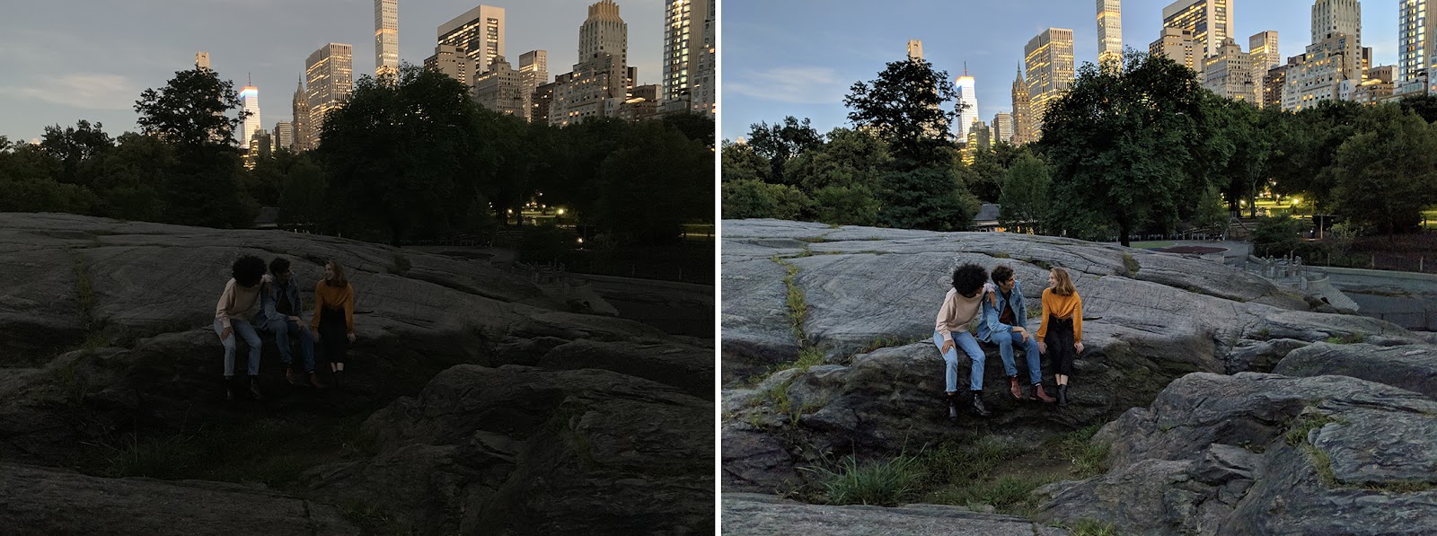 la même image de trois personnes assises sur des rochers dans un parc est côte à côte. Celui de gauche est beaucoup plus foncé et celui de droite est beaucoup plus clair