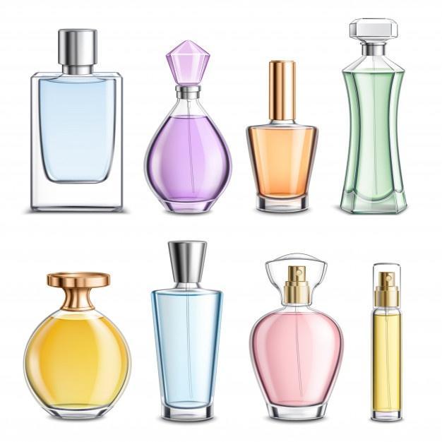 Perfume glass bottles colorful realistic Free Vector