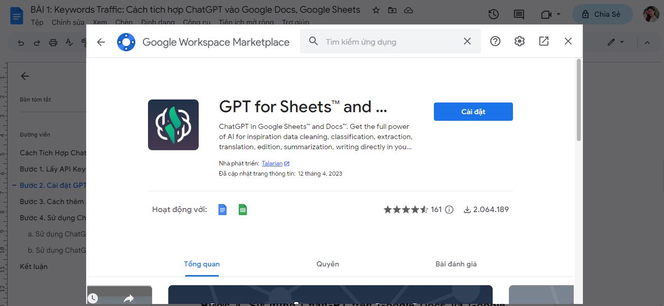 BMPro - Cài đặt GPT For Sheets and Docs trên Google Docs và Google Sheet