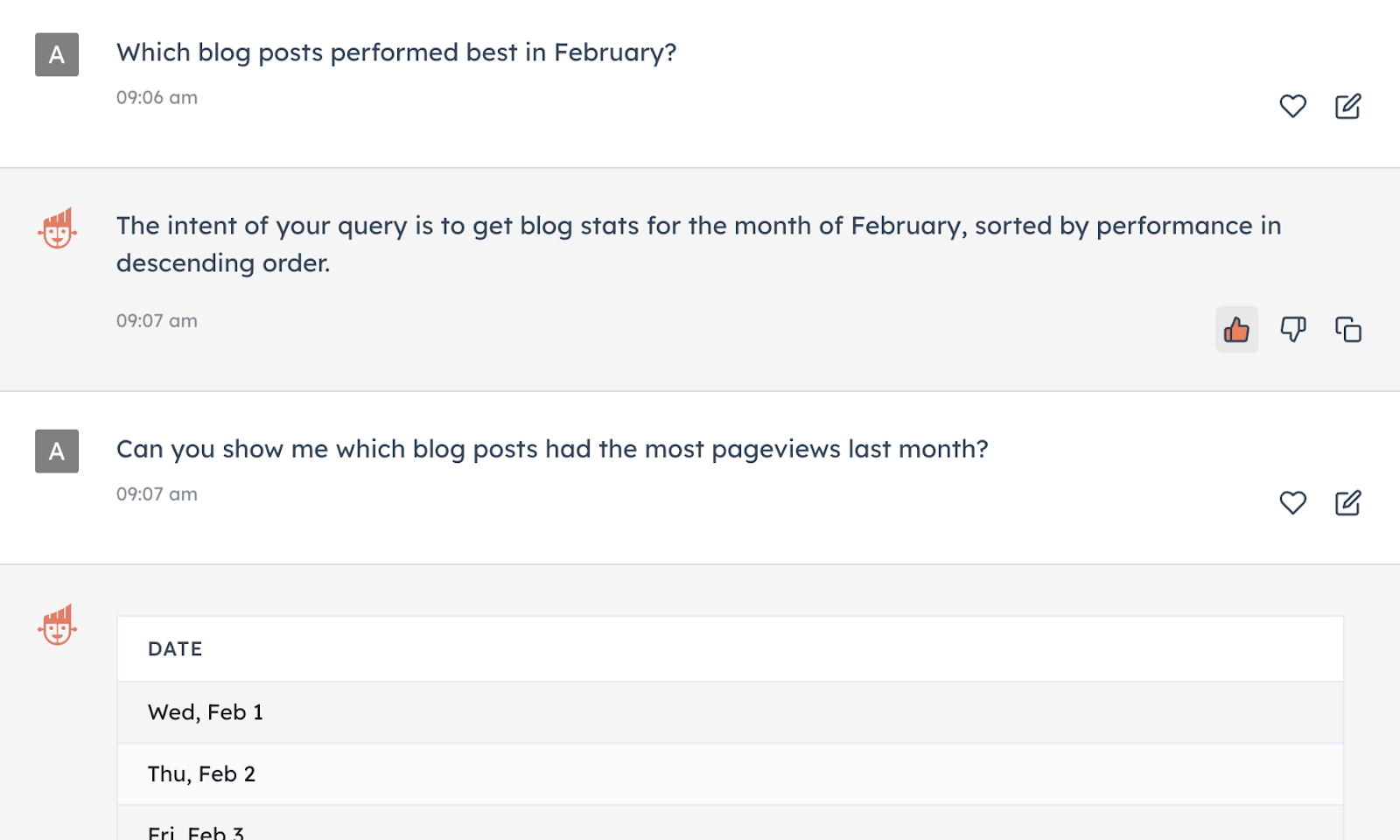 screenshot of HubSpot's ChatSpot asking for a report on blog performance