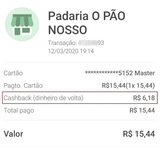 Exemplo de cashback recebido